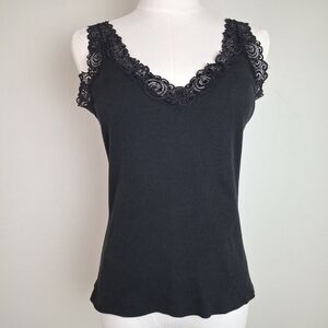 August Silk Y2K Black V-neck Ribbed Tank with Beaded Lace Trim
